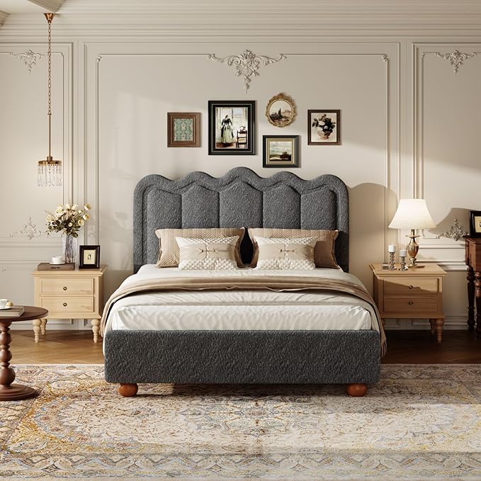 Queen Size Bed Frame with Headboard Boucle Bed Frame Soft Upholstered Platform Cloud Bedframe with Footboard Solid Wood Legs Solid Wooden Slats Support No Box Spring Required Easy Assembly