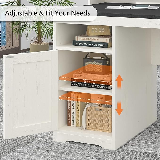 TVU Farmhouse Computer Desk with Drawers 65'' Home Office Desk with Power Outlets Storage Cabinet and Printer Stand Study Writing Desks with Long Monitor Stand Black and White