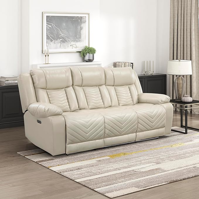 Lexicon Wall Hugger Power Double Reclining Sofa with Center Drop-Down Table Faux Leather Home Theater Seating with LED Lighting/USB Charging Ports/Wireless Charger/Cup Holders Magazine Pocket Beige