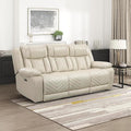 Lexicon Wall Hugger Power Double Reclining Sofa with Center Drop-Down Table Faux Leather Home Theater Seating with LED Lighting/USB Charging Ports/Wireless Charger/Cup Holders Magazine Pocket Beige