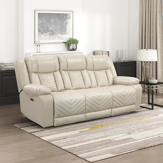 Lexicon Wall Hugger Power Double Reclining Sofa with Center Drop-Down Table Faux Leather Home Theater Seating with LED Lighting/USB Charging Ports/Wireless Charger/Cup Holders Magazine Pocket Beige