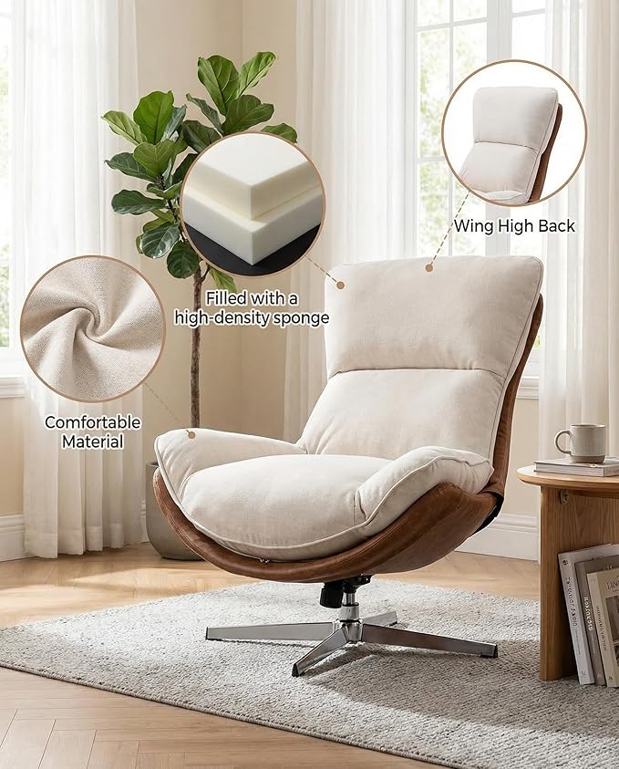 LukeAlon Linen Swivel Lounge Chair Upholstered High Back Accent Chair with Metal Base Armelss Comfy Modern Recliner Chair for Living Room Office Beige