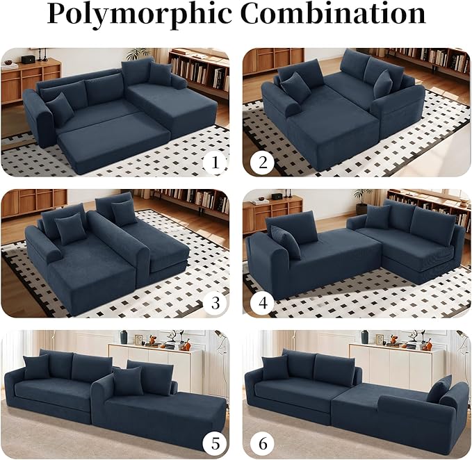 KBQ Modular Sectional Couch in a Box 103 L Shaped Boneless Cloud Couch with Deep Seat Convertible Sofa Bed for Living Room Apartments No Assembly Required Navy Blue Right Facing Chaise