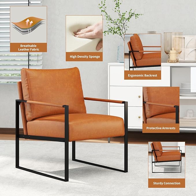 CANMOV Mid Century Modern Accent Chair PU Leather Armchair with Metal FrameComfy Single Reading Chair with Soft Padded Backrest and Cushion for Living Room BedroomReading RoomOfficeBrown