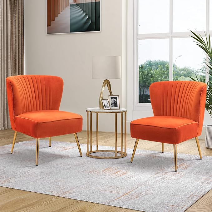 TINA'S HOME Monica Velvet Armless Side Chair Set of 2 Upholstered Accent Chair Comfy Living Room Chair with Golden Legs Wingback Mid Century Slipper Chair for Bedroom Guest Room- Orange