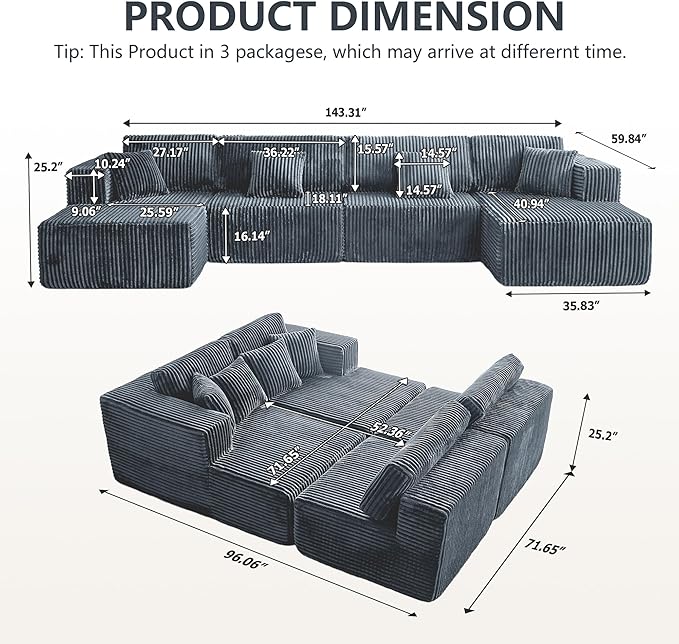 143.3'' Convertible Modular Sectional Couch Modern U-Shaped Floor Sofa with Movable Ottomans Comfy Corduroy Fabric Sofas No Assembly Free Combination Couches for Living Room ApartmentGrey