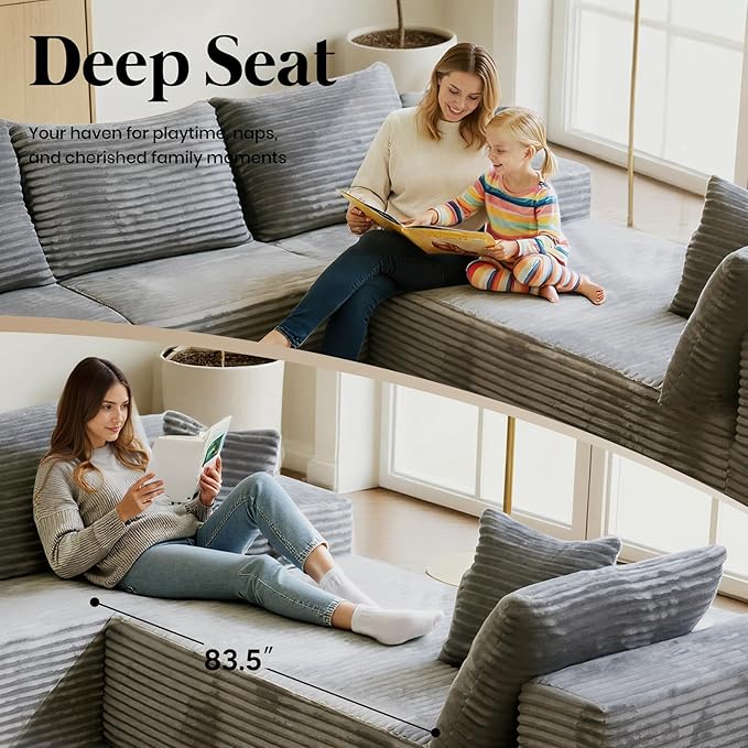 139'' U Shaped Sectional Couches for Living Room 8 Seater Faux Fur Modular Boneless Cloud Sofa with Chaise Lounges 4-in-1 Flexible Combination Deep Seat Corner Large CouchNo Assembly Light Grey
