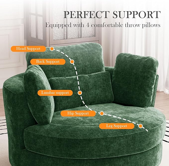 Aoiy &amp Wifon 50.2'' W Oversized Swivel Barrel Chair Green Swivel Accent Chair for Living Room Round Oversized Arm Chair with 4 Pillows Deep Seat &amp Extra Wide Chenille