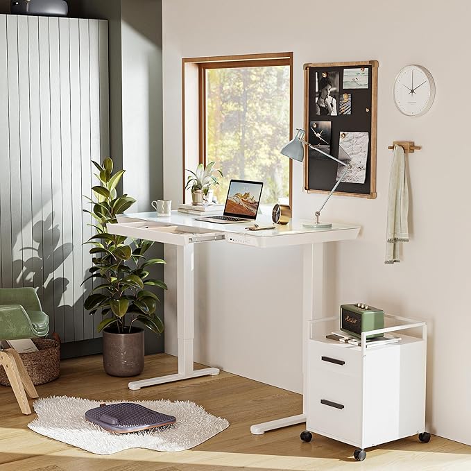 BANTI Electric Standing Desk with Drawers 55 inch Whole-Piece Glass Desktop Height Adjustable Stand up Sit Stand Home Office Ergonomic Workstation White Tabletop