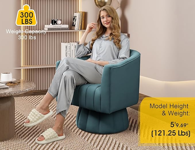 Accent Chair Mid Century 360 Degree Swivel ChairModern Lounge Sofa Round Barrel Chair with Wide UpholsteredFluffy Velvet Fabric Chairs for Home Sofa Living Room/Bedroom/Waiting Room (Blue)