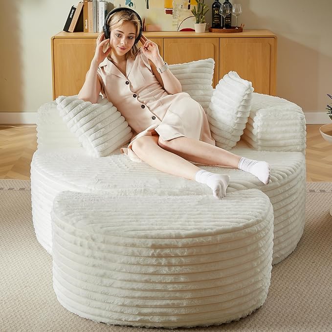 55''W Oversized Round Lounge Chair with Ottoman Modern Corduroy Accent Chair Upholstered Boneless Deep Seat for Living Room or Bedroom No Assembly Required (Corduroy White)