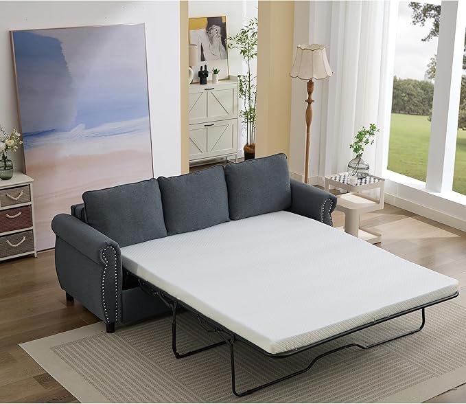 Pull Out Sofa Bed Queen Size Sleeper Sofa with Memory Foam Mattress 3 in 1 Convertible Pullout Couch Bed 3-Seater Comfy Upholstered Loveseat Sofas for Living Room Guest Room RV (Grey Linen)