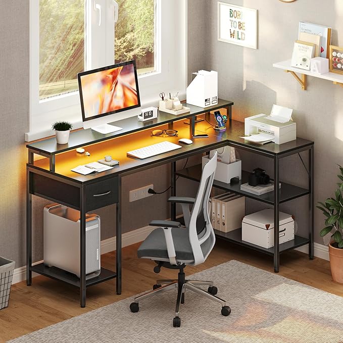 DUMOS 53” Gaming Desk with USB Charging Ports &amp LED Lights Reversible L Shaped Desks Computer Corner Gamer Table with Power Outlets Monitor Stand Storage Shelves for Home Office Small Space Blac