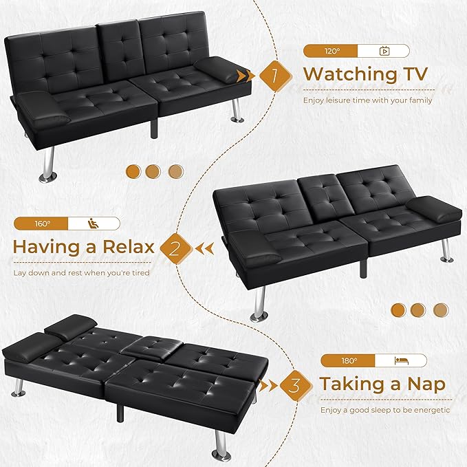 Furniwell Futon Sofa Bed Modern Faux Leather Sofa Couch for Living Room Convertible Folding Adjustable Recliner with 2 Cup Holders and Armrests (Black)