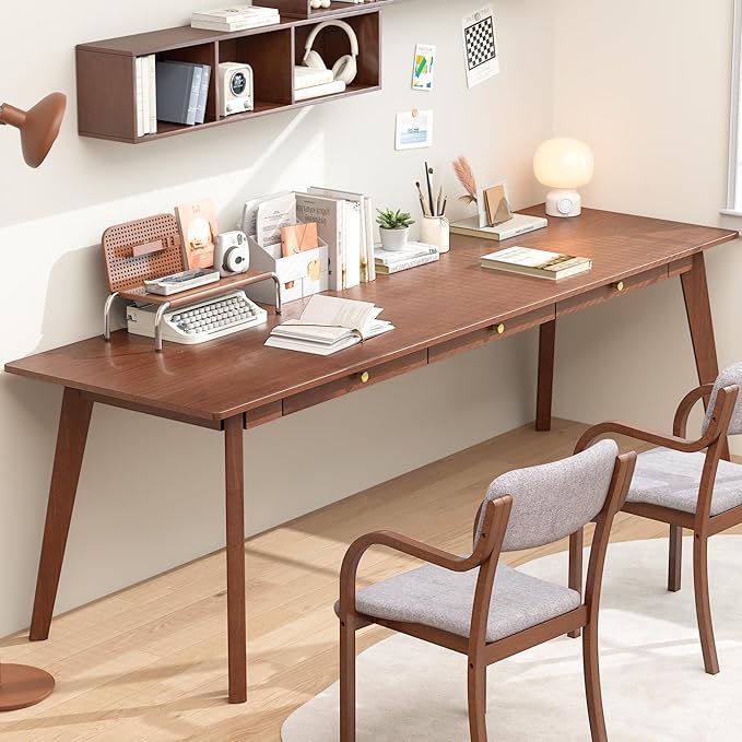 100% Solid Wood Desk 71 Mid Century Modern Desk with 3 Drawers Large 2 Person Vintage Writing Desk Simple Wooden Table for Restaurants Home Offices