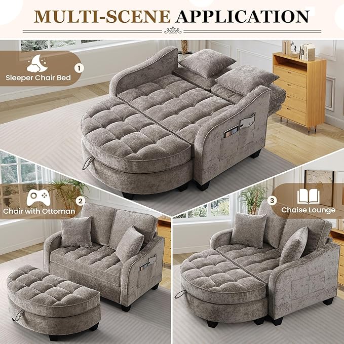 Oversized Chair and A Half Chenille Tufting Accent Cozy Reading Sofa Chair with Storage Ottoman Upholstered Loveseat Chaise Lounge Sofa with Adjustable Back for Living Room Office Sunroom Brown