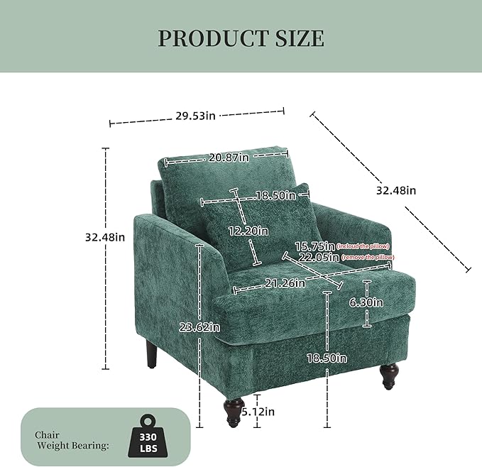 Modern Accent Chair Living Room Upholstered Chenille Armchair with Waist Pillow Single Sofa for Living Room Bedroom Office Emerald