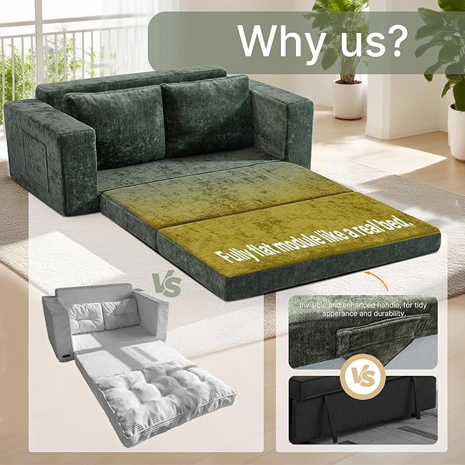 Convertible Sofa Bed Pull Out Loveseat Sleeper Couch with Pillows 2 in 1 Foldable Couch Bed with detachable mattress Modern Chenille Floor Futon Sofa with Pillows for Living Room Bedroom (Green)