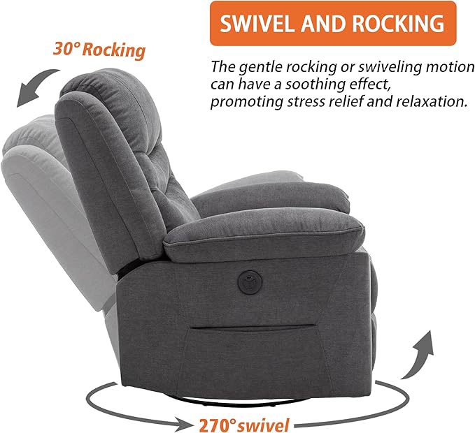 Power Swivel Rocker Recliner with Massage and Heat USB Port Infinite Position Oversized Electric Glider Rocking Chairs Living Room Soft Fabric Reclining Sofa Chair (Dark Grey Fabric)