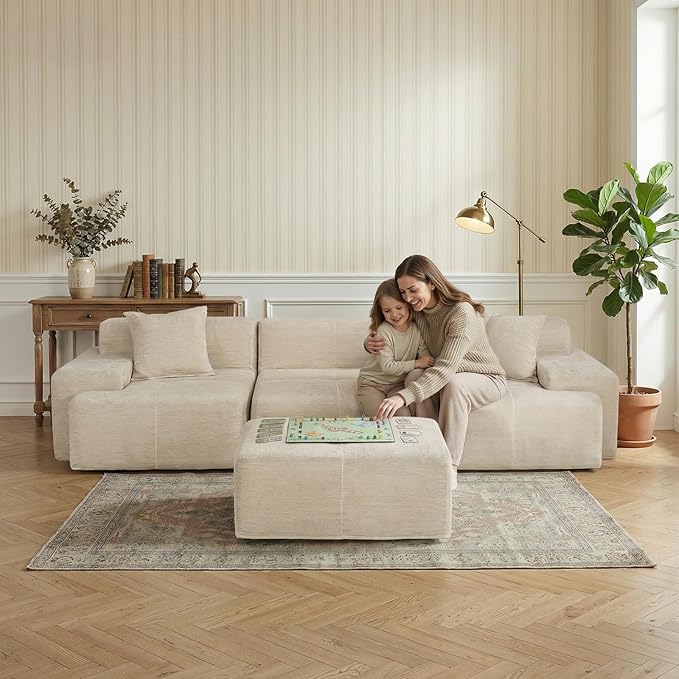 117 Modular Sectional Sofa Couch Chenille Upholstered Boneless Couch Oversized L-Shaped Cloud Sectional Couch with Ottoman &amp Deep Seating No Assembly Beige