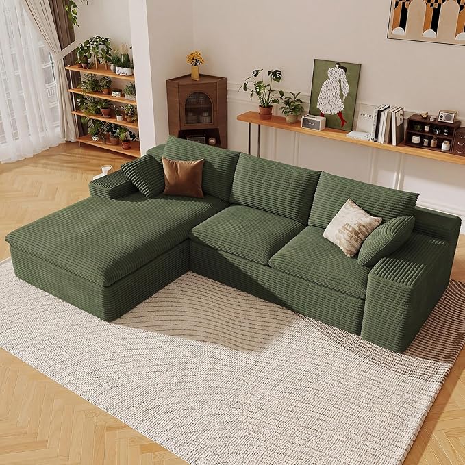 107 Cloud Sectional Couch with L-Shape Chaise Modern Corduroy Viral Boneless Sofa for Living RoomMemory Foam Couches in a Box with Deep SeatNo Assembly Required (GreenLeft-Facing Chaise)