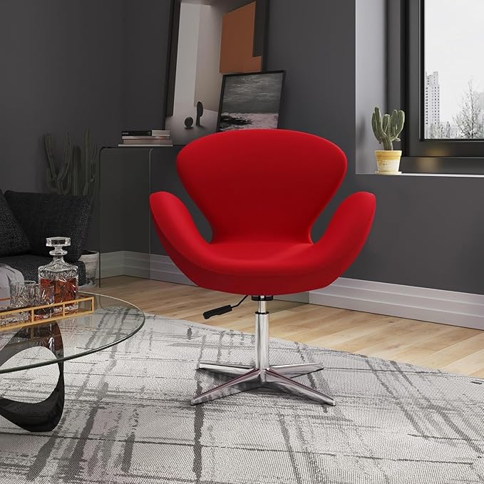 Manhattan Comfort Raspberry Adjustable Swivel Accent Chair Set of 2 with 360° Turn Polished Chrome Base Modern Retro Design Ideal for Living Room and Home Office Red Wool Blend