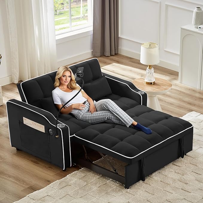 KINFFICT Sleeper Sofa Couch Bed with Phone Holder Modern 3-in-1 Convertible Velvet Pull Out Loveseat Futon Sofa with USB &amp Type C Port &amp Cup Holder for Living Room Bedroom Office