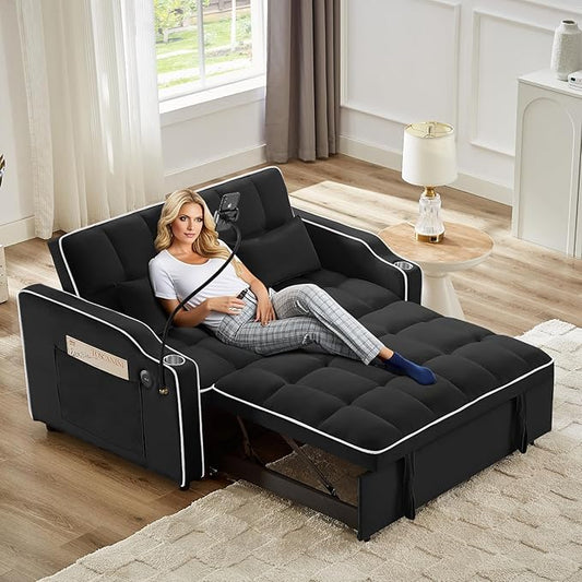 KINFFICT Sleeper Sofa Couch Bed with Phone Holder Modern 3-in-1 Convertible Velvet Pull Out Loveseat Futon Sofa with USB &amp Type C Port &amp Cup Holder for Living Room Bedroom Office