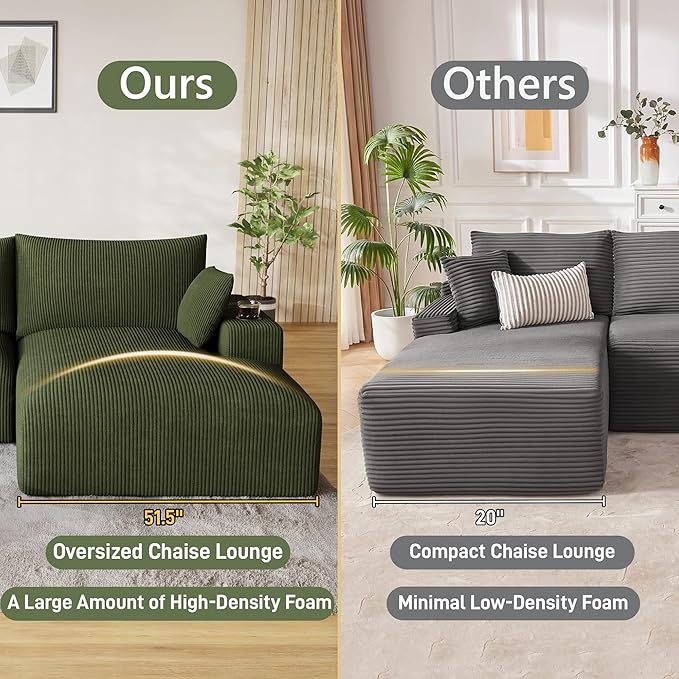 113 Modular Sectional Sofa Cloud Couch Modern Deep Seat Fluffy Corduroy Boneless Couch with Cup Holder Comfy L Shaped Sectional Couches for Living Room Bedroom. (Right Facing Olive Green)