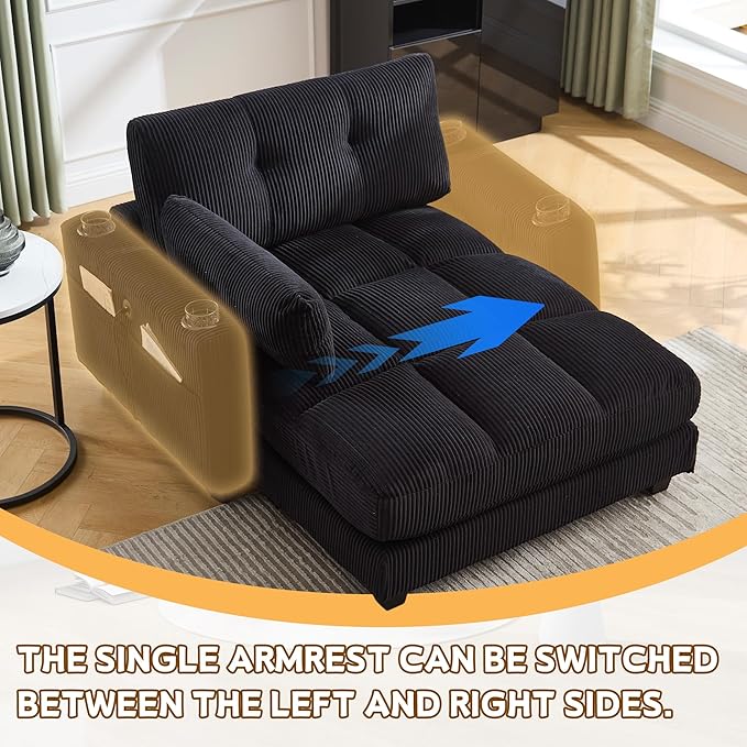 Oversized Lounge Chaise Convertible Sleeper Sofabed Corduroy Sleeper Daybed Indoor Recliner Chair Sofa Bed with Cupholders and Adjustable Headrests for Living Room Bedroom Reading Home Apartment