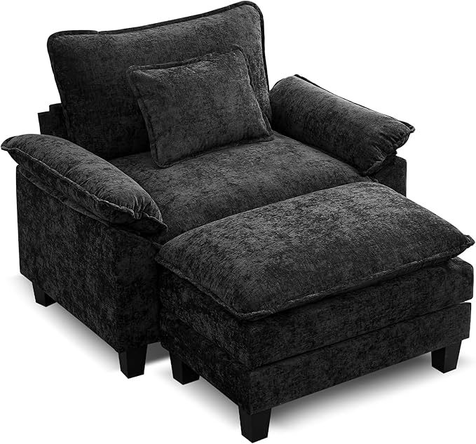 URRED Modular Sectional Sofa Comfy Cloud Couch Modern Chenille Sofa Sleeper Deep Seat Couches with Ottoman/Pillows for Living Room (Black 53''- Ottoman)