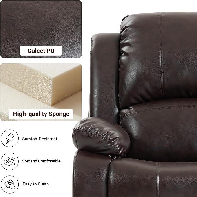 Manual Recliner Chair Adjustable Push Back Leather Reclining for Living Room Reddish Brown