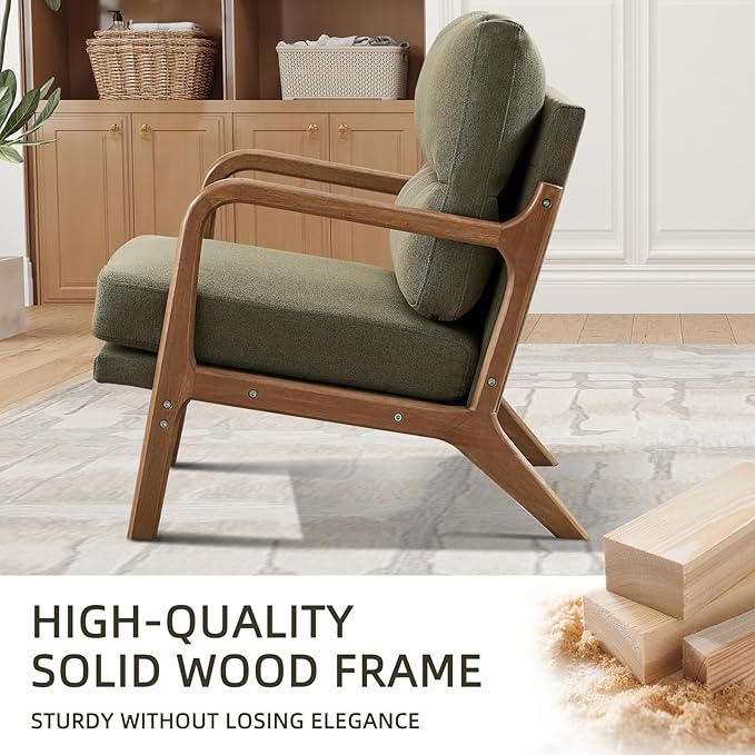 Mid Century Modern Accent Chair Linen Fabric Upholstered Lounge Arm Chair with Solid Wood Frame and Soft Cushion for Living Room Bedroom Balcony (1 Green)