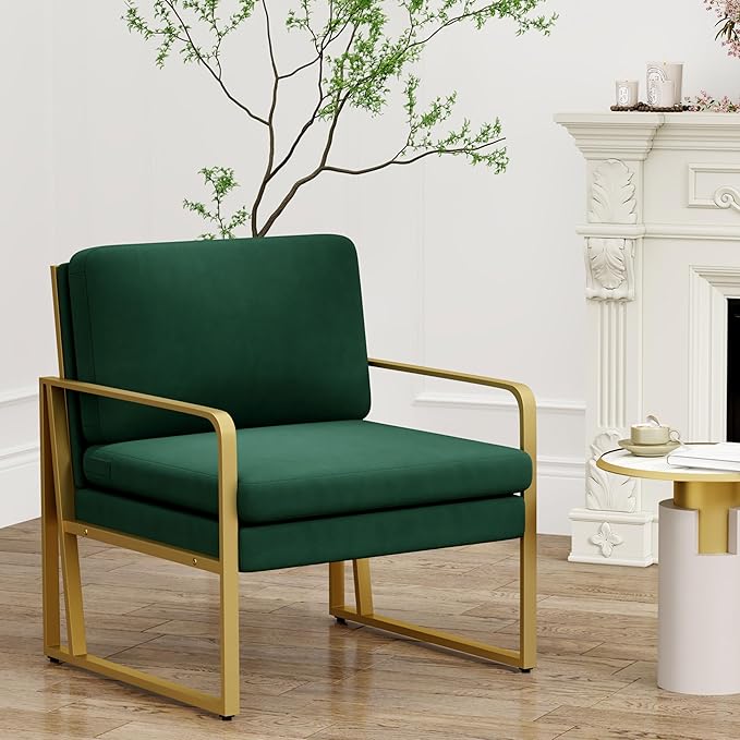 Andeworld Velvet Accent Chair Mid Century Living Room ArmchairUpholstered Modern Sofa Side Chair with Metal Golden Legs for ReadingLoungingBedroom Apartment Green