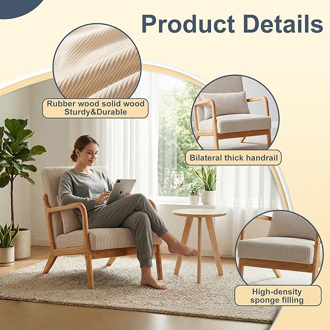 Mid Century Modern Accent Chair with Side Table Upholstered Corduroy Armchair with Lumbar Pillow Solid Rubberwood Frame for Living Room Bedroom Reading Nook Beige