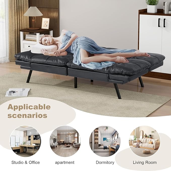 Opoiar 71-Inch Futon Sofa Bed Convertible Guest Bed &amp Loveseat | Cozy Faux Leather with Adjustable Positions for Welcoming Living Rooms - Black