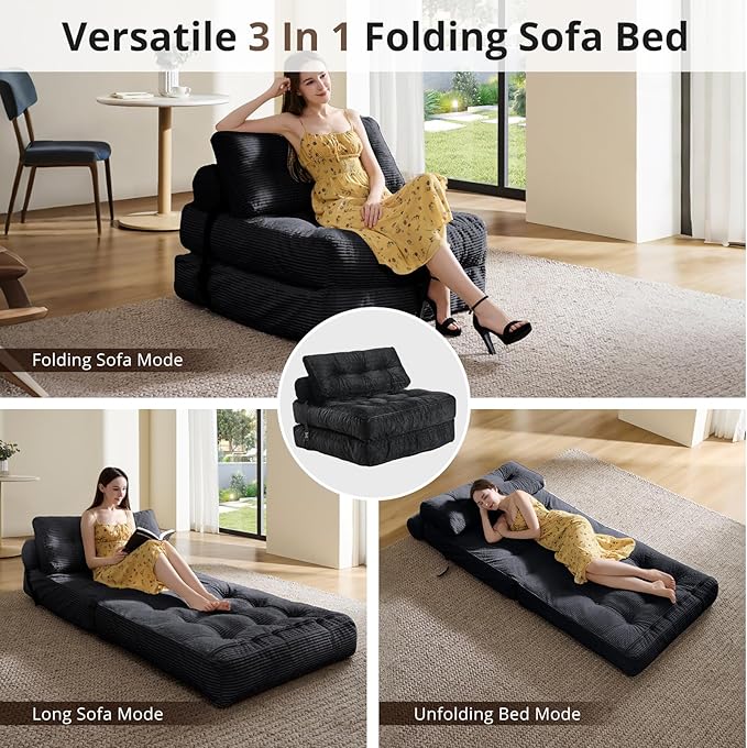 Folding Sofa Bed Convertible Sleeper Chair with Pillow Foldable Mattress with Back Support Portable Floor Sofa Lounge for Living Room Bedroom Dorm