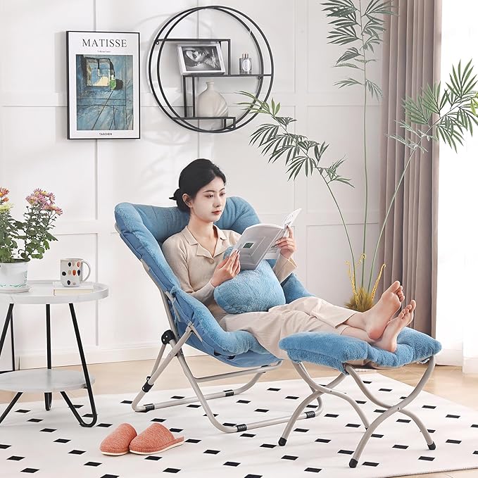 Saucer Chair with Ottoman Comfy Oversized Folding Chair Faux-Fur Reading Chair for Teens Adults Foldable Accent Lazy Chair Metal Frame Chair for Living Room Bedroom Blue