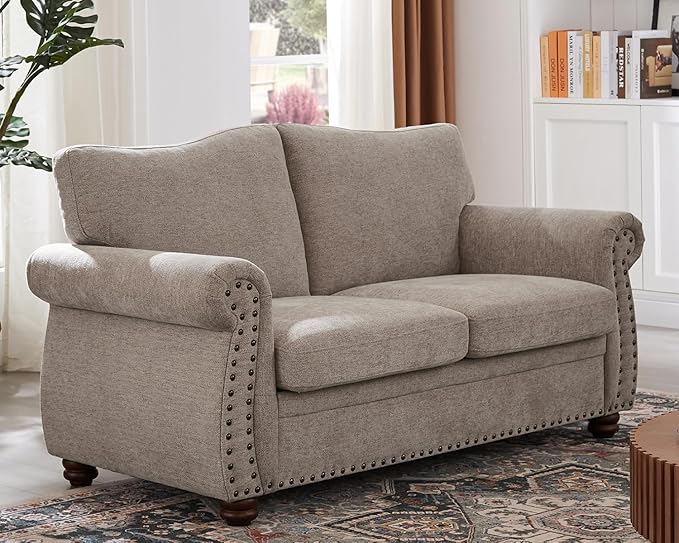ONBRILL Nailhead Sofa 66 Inch Small Couch with Rolled Arms Chenille Fabric Loveseat w/Springs Seat Cushion Vintage Curved Back Turned Wood Legs Comfy Couch for Living Room Farmhouse Beige