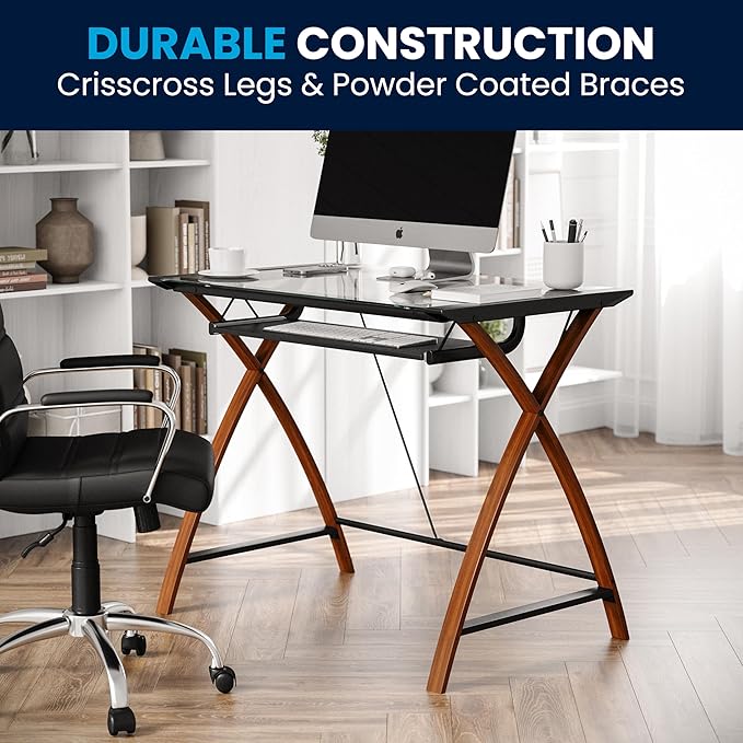 Flash Furniture Jude Tempered Glass Computer Desk with Pull-Out Keyboard Tray and Crisscross Frame Small Computer Desk for Home Office Cherry/Clear