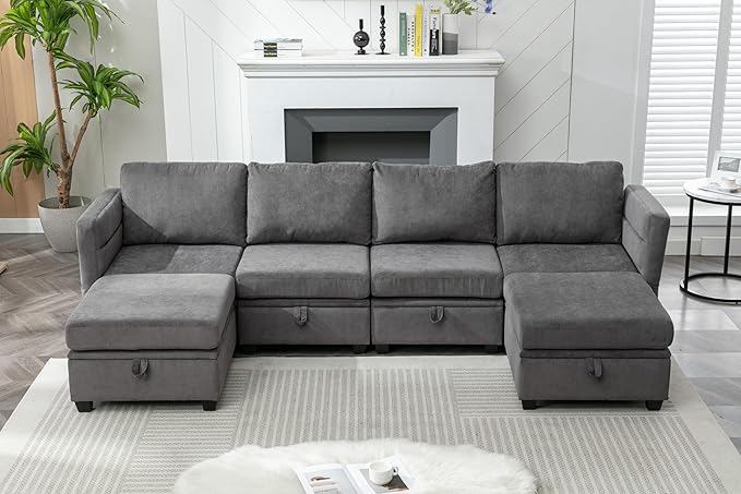 107 Modular Sectional Sofa Storage Couch and Ottoman 6 Seat Convertible U Shaped Couch with Reclining Arm and Back Modular Sectional Couches for Living Room Apartment Small Space(Dark Gray)