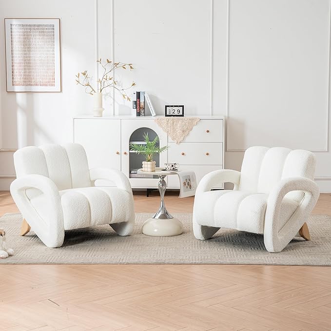 Mid Century Modern Accent Chair Set of 2 with Solid Wood Frame Upholstered Living Room Chairs with Thick Cushion Boucle Tufted Armchair for Bedroom Reading Room Ivory