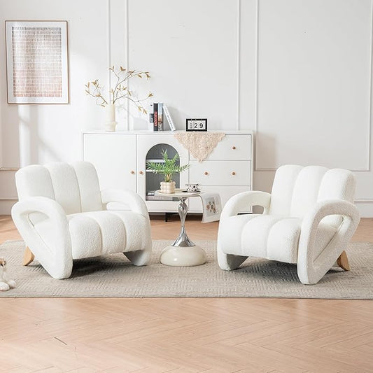Mid Century Modern Accent Chair Set of 2 with Solid Wood Frame Upholstered Living Room Chairs with Thick Cushion Boucle Tufted Armchair for Bedroom Reading Room Ivory