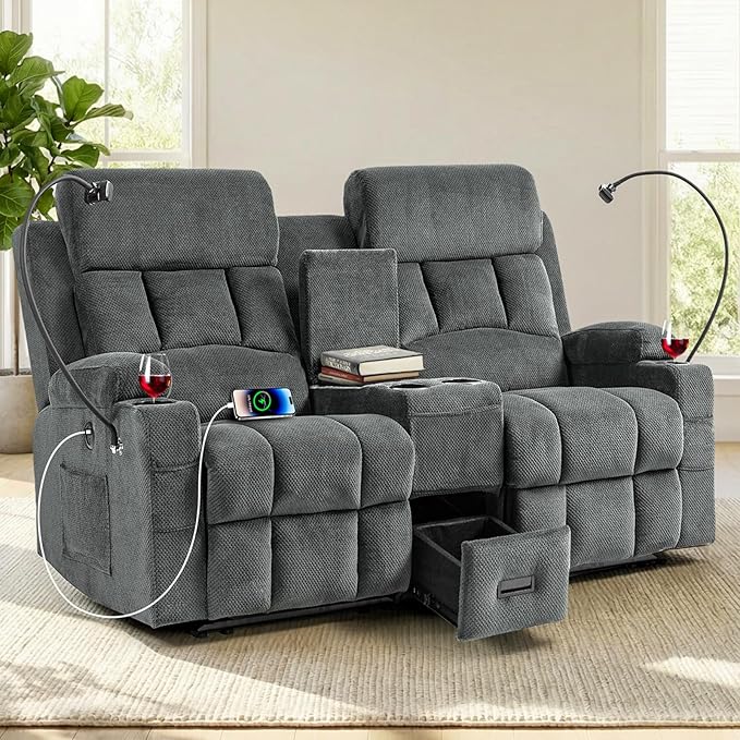 Oversized 72 Loveseat Recliner Sofa with Console Manual Double Reclining Sofa with USB Ports Cup Holders &amp 2 Phone Holders for Living Room Home Theater Game Room (Gray Velvet)