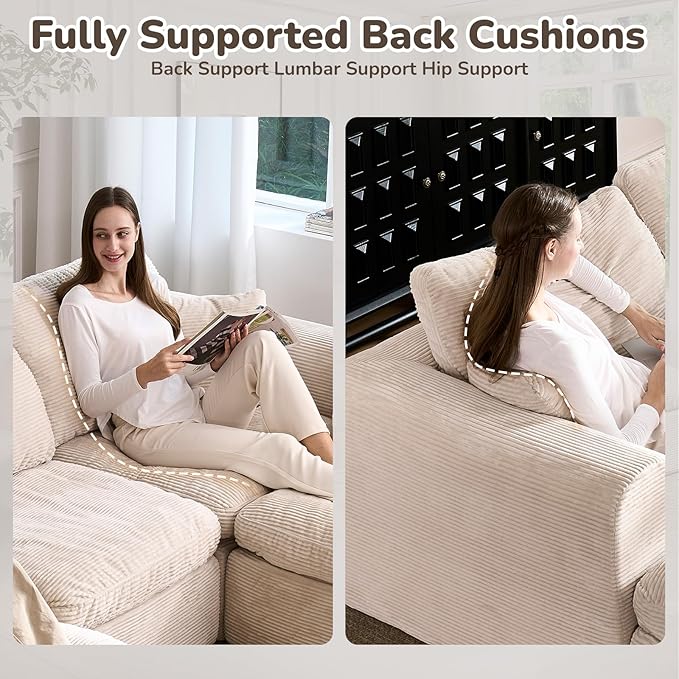 108 Cloud Sectional Couches for Living Room Convertible L-Shape Boneless Couch with Ottoman 4 Seater Modular Cloud Sofa with Deep Seat (Beige3 Seater + 1 Ottoman)