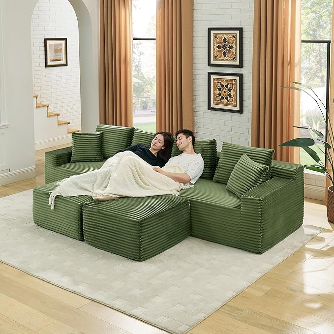 U-Shaped Cloud Sectional Couch Symmetrical Modular Compressed Boneless Sectional Sofa with Chaise Lounges and Console Plush Corduroy Boneless Corner Sofa for Living Room