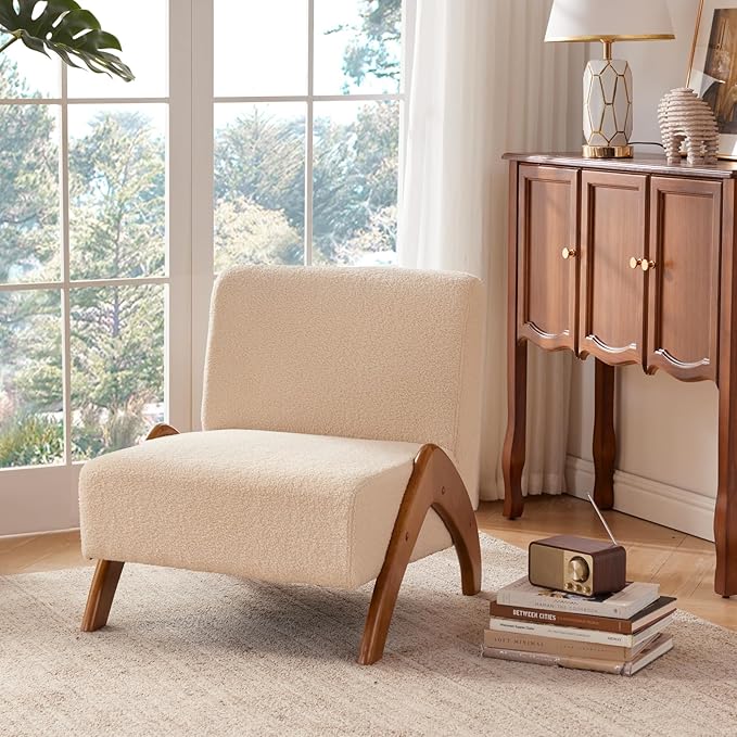 Oversized Accent Chair upholstered armless mid Century Modern Living Room Chair with Wooden Legs for Bedroom/Office/Cafe Sherpa Beige