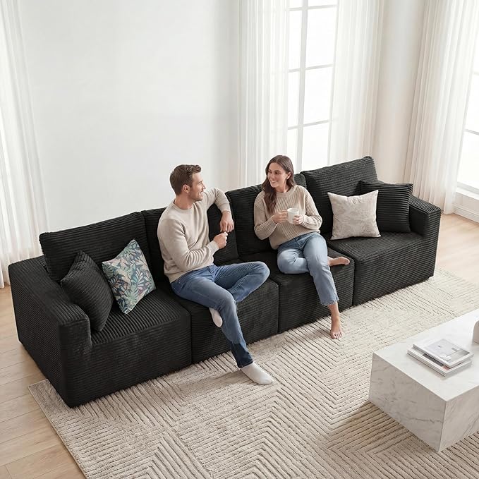 Homall Sectional Couches for Living Room Modern Boneless Couch with Deep Seat Upholstered Cloud Sofa No Assembly Required (Black Four-Seater Sofa)