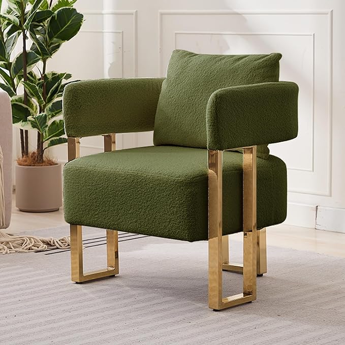 YISHENG Modern Barrel Accent Chairs Set of 2 Living Room Side Chairs with Golden Metal Legs Soft Teddy Upholstered Reading Armchairs no Wheels for Vanity/Reception Room//Bedroom/Lounge/Office Green