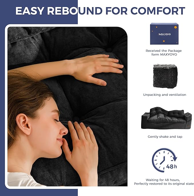 MAXYOYO Boneless Sofa Couch Loveseat Sofa for Small Space Tufted 2-Seater Floor Couch Bean Bag Chair for Living Room Bedroom Apartment Sofa in a Box No Assembly Needed Black